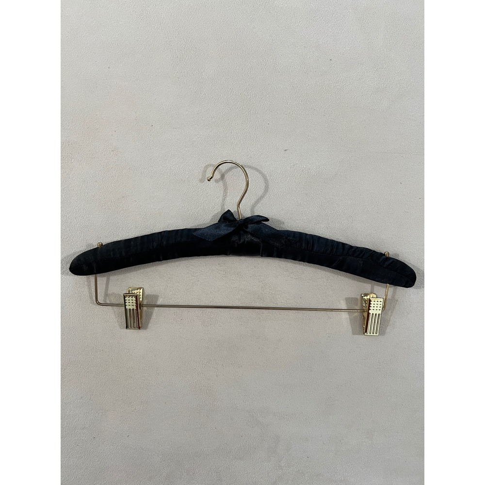 Vintage Style Black Satin Padded Hanger with Gold Clips and Bow Detail